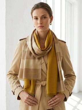 Burberry Beige & Tan Stripe Silk Wrap Scarf with Golden Yellow Reversible Back